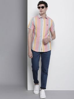 The Indian Garage Co - Men Slim Fit Striped Half Sleeves Cutaway Collar Casual Shirt - Pink
