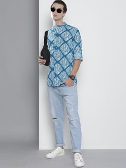 The Indian Garage Co - Men Regular Fit Abstract Printed Full Sleeves Mandarin Collar Shirt - Blue