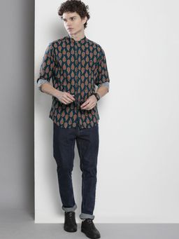 The Indian Garage Co - Men Regular Fit Printed Full Sleeves Mandarin Collar Shirt - Navy Blue