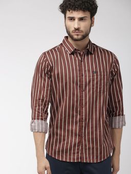 The Indian Garage Co - Men Slim Fit Multi Striped Full Sleeves Spread Collar Casual Shirt - Brown