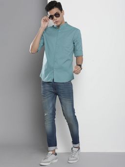 The Indian Garage Co - Men Regular Fit Solid Full Sleeves Mandarin Collar Casual Shirt - Blue