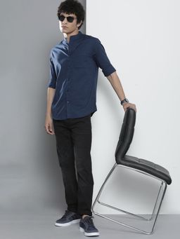 The Indian Garage Co - Men Regular Fit Solid Full Sleeves Mandarin Collar Casual Shirt - Blue