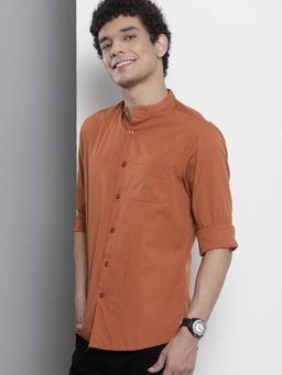 The Indian Garage Co - Men Regular Fit Solid Full Sleeves Mandarin Collar Casual Shirt - Rust
