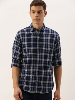 The Indian Garage Co - Men Slim Fit Checkered Full Sleeves Spread Collar Casual Shirt - Navy Blue