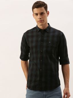 The Indian Garage Co - Men Slim Fit Checkered Full Sleeves Spread Collar Casual Shirt - Black