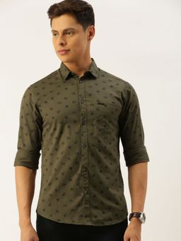 The Indian Garage Co - Men Slim Fit Graphic Print Full Sleeves Spread Collar Casual Shirt - Olive