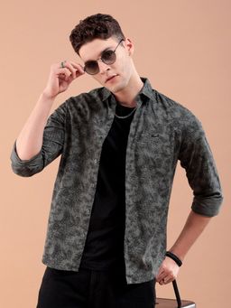 The Indian Garage Co - Men Slim Fit Graphic Print Full Sleeves Spread Collar Casual Shirt - Grey