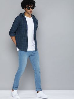 The Indian Garage Co - Men Slim Fit Checkered Full Sleeves Hooded Casual Shirt - Navy Blue