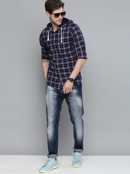 The Indian Garage Co - Men Slim Fit Checkered Full Sleeves Hooded Casual Shirt - Navy Blue
