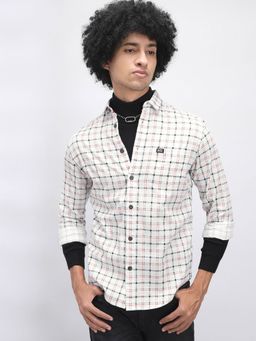 The Indian Garage Co - Men Slim Fit Checkered Full Sleeves Cutaway Collar Casual Shirt - White