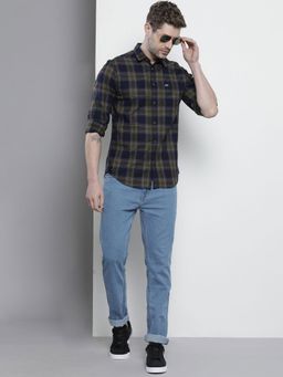 The Indian Garage Co - Men Slim Fit Checkered Full Sleeves Spread Collar Casual Shirt - Navy Blue