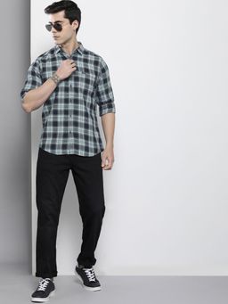 The Indian Garage Co - Men Slim Fit Checkered Full Sleeves Spread Collar Casual Shirt - Navy Blue