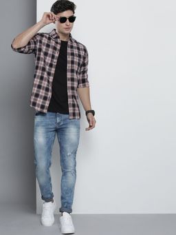 The Indian Garage Co - Men Slim Fit Checkered Full Sleeves Spread Collar Casual Shirt - Navy Blue