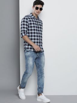 The Indian Garage Co - Men Slim Fit Checkered Full Sleeves Spread Collar Casual Shirt - Navy Blue