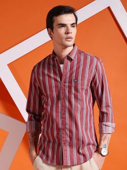 The Indian Garage Co - Men Slim Fit Striped Full Sleeves Cutaway Collar Casual Shirt - Rust