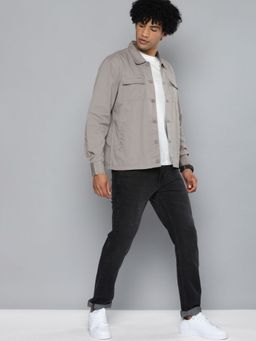 The Indian Garage Co - Men Slim Fit Solid Full Sleeves Cutaway Collar Casual Over Shirt - Grey