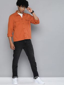 The Indian Garage Co - Men Slim Fit Solid Full Sleeves Cutaway Collar Casual Over Shirt - Orange
