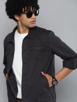 The Indian Garage Co - Men Slim Fit Solid Full Sleeves Cutaway Collar Casual Over Shirt - Charcoal