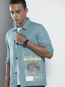 The Indian Garage Co - Men Slim Fit Print Full Sleeves Cutaway Collar Casual Over Shirt - Blue