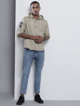The Indian Garage Co - Men Slim Fit Solid Full Sleeves Hooded Casual Hooded Over Shirt - Beige