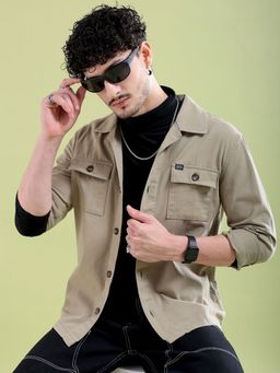 The Indian Garage Co - Men Slim Fit Solid Full Sleeves Cutaway Collar Casual Over Shirt - Beige