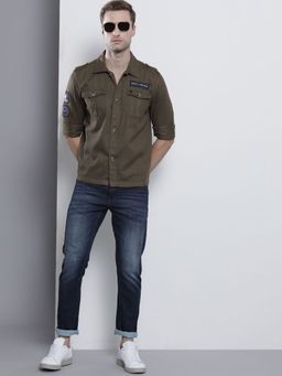 The Indian Garage Co - Men Slim Fit Solid Full Sleeves Cutaway Collar Casual Over Shirt - Olive