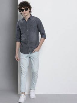 The Indian Garage Co - Men Slim Fit Solid Full Sleeves Spread Collar Casual Shirt - Grey