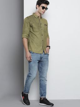 The Indian Garage Co - Men Slim Fit Solid Full Sleeves Spread Collar Casual Shirt - Olive