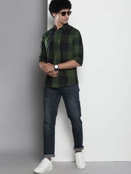The Indian Garage Co - Men Regular Fit Checkered Full Sleeves Cutaway Collar Casual Shirt - Olive