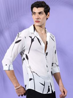 The Indian Garage Co - Men Slim Fit Floral Full Sleeves Cutaway Collar Resort Wear Shirt - White
