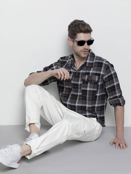 The Indian Garage Co - Men Slim Fit Checkered Full Sleeves Cutaway Collar Casual Over Shirt - Grey