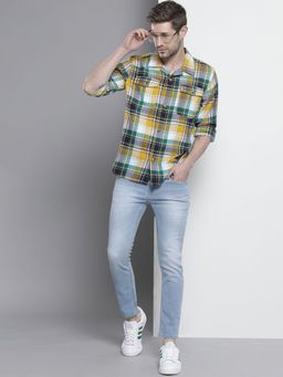 The Indian Garage Co - Men Slim Fit Checkered Full Sleeves Cutaway Collar Casual Over Shirt - Yellow