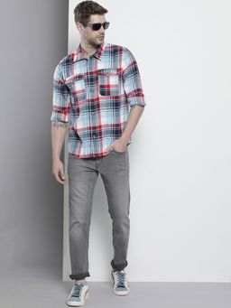 The Indian Garage Co - Men Slim Fit Checkered Full Sleeves Cutaway Collar Casual Over Shirt - Blue