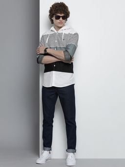 The Indian Garage Co - Men Slim Fit Striped Full Sleeves Spread Hoodie Casual Shirt - White