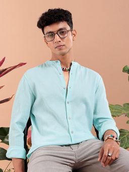 The Indian Garage Co - Men Slim Fit Solid Full Sleeves Mandarin Collar Resort Wear Shirt - Blue