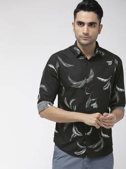 The Indian Garage Co - Men Slim Fit Printed Full Sleeves Cutaway Collar Casual Shirt - Black
