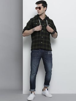 The Indian Garage Co - Men Regular Fit Checkered Full Sleeves Hooded Casual Over Shirt - Green