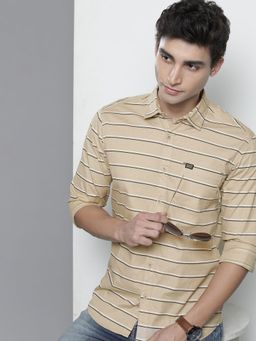 The Indian Garage Co - Men Slim Fit Striped Full Sleeves Spread Collar Casual Shirt - Beige