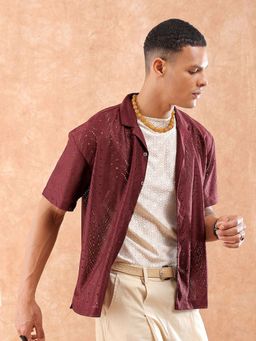 The Indian Garage Co - Men Relaxed Fit Self Design Half Sleeves Cuban Collar Resort Wear Shirt - Maroon