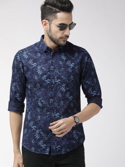 The Indian Garage Co - Men Slim Fit Printed Full Sleeves Cutaway Collar Casual Shirt - Navy Blue
