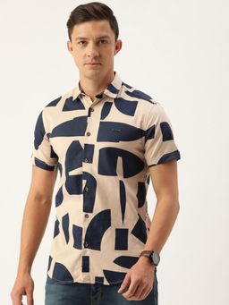 The Indian Garage Co - Men Slim Fit Abstract Printed Half Sleeves Cutaway Collar Casual Shirt - Beige