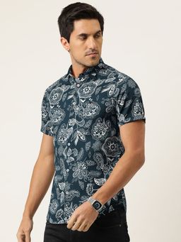 The Indian Garage Co - Men Slim Fit Floral Printed Half Sleeves Cutaway Collar Casual Shirt - Teal