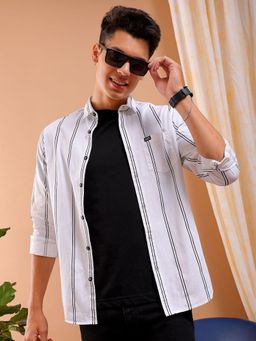 The Indian Garage Co - Men Slim Fit Striped Full Sleeves Cutaway Collar Casual Shirt - White