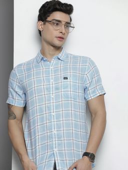 The Indian Garage Co - Men Slim Fit Checkered Half Sleeves Spread Collar Casual Shirt - Blue