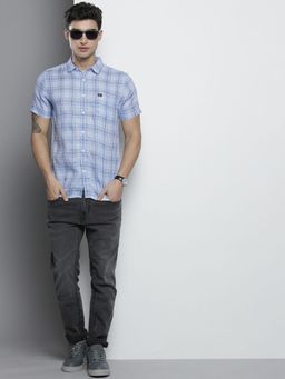 The Indian Garage Co - Men Slim Fit Checkered Half Sleeves Spread Collar Casual Shirt - Blue