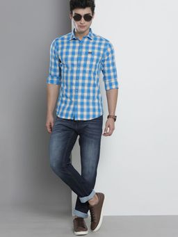 The Indian Garage Co - Men Slim Fit Checkered Full Sleeves Spread Collar Casual Shirt - Blue