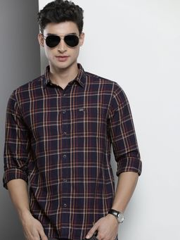 The Indian Garage Co - Men Slim Fit Checkered Full Sleeves Spread Collar Casual Shirt - Navy Blue