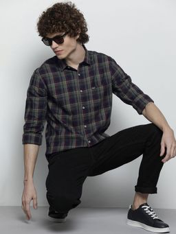 The Indian Garage Co - Men Slim Fit Checkered Full Sleeves Spread Collar Casual Shirt - Navy Blue