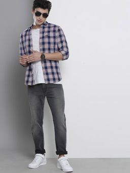 The Indian Garage Co - Men Slim Fit Checkered Full Sleeves Spread Collar Casual Shirt - Navy Blue