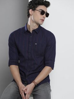 The Indian Garage Co - Men Slim Fit Stripes Full Sleeves Spread Collar Casual Shirt - Navy Blue